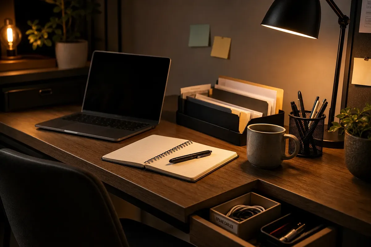 Wooden desk with closed laptop, open notebook with pen, coffee mug, desk lamp, and organizers under warm light