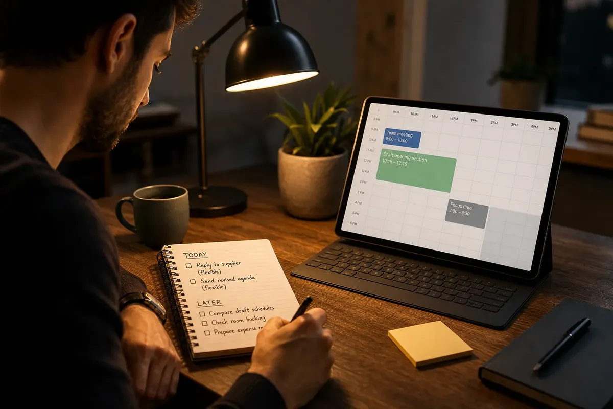 Man writing in a notebook with a digital calendar displayed on a tablet in a dimly lit workspace