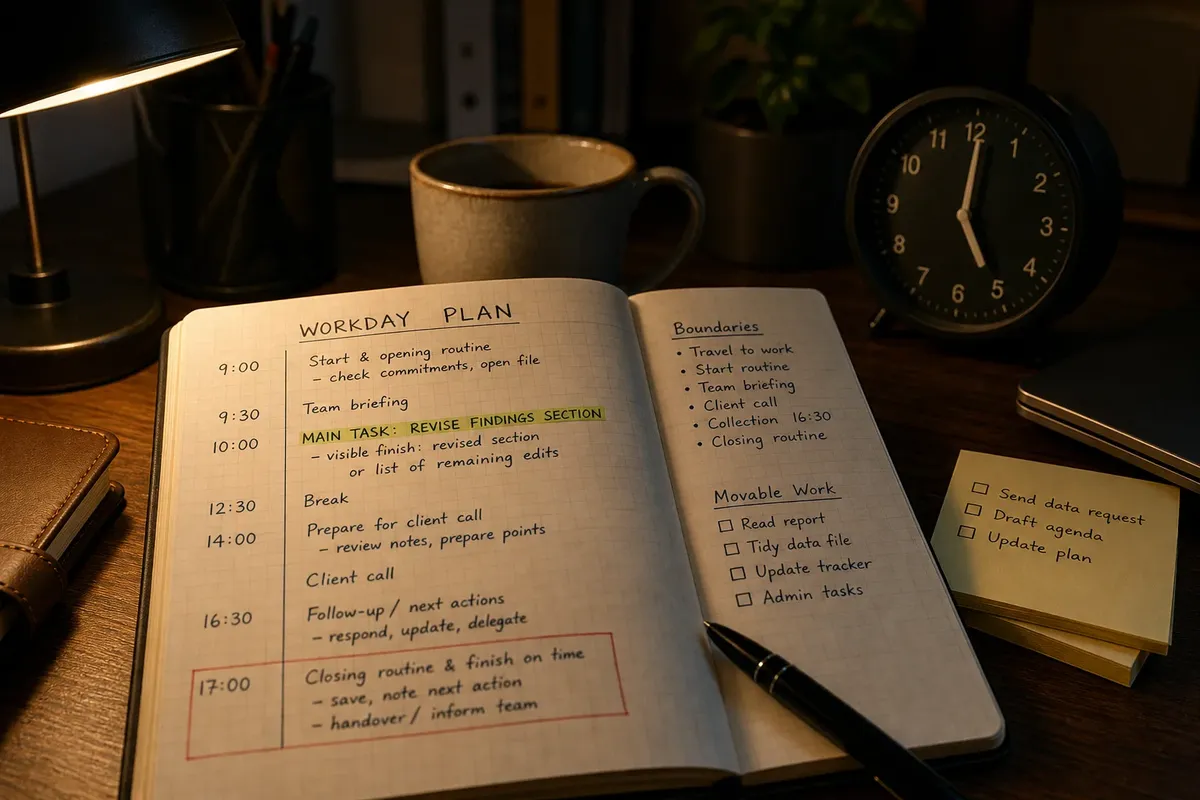 Desk setup with an open notebook showing a detailed workday plan under warm lamp light