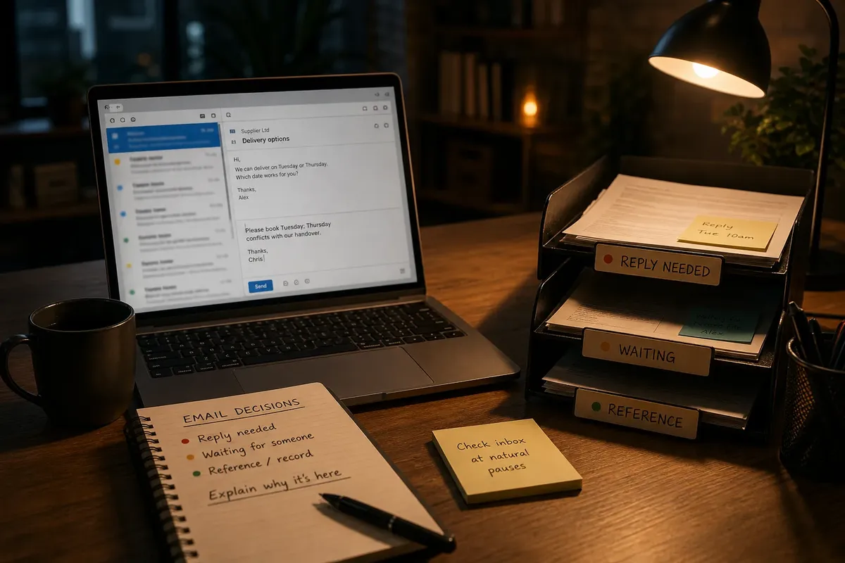 Dimly lit desk with laptop showing email, organizer trays labeled with priorities, notebook, and sticky notes