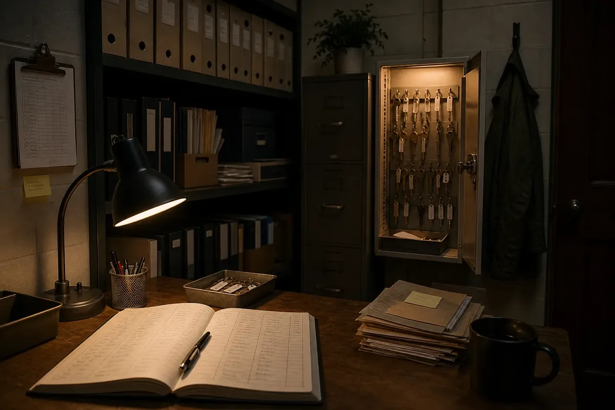 Dimly lit office with open ledger book, desk lamp, key cabinet, stack of files, and a black mug