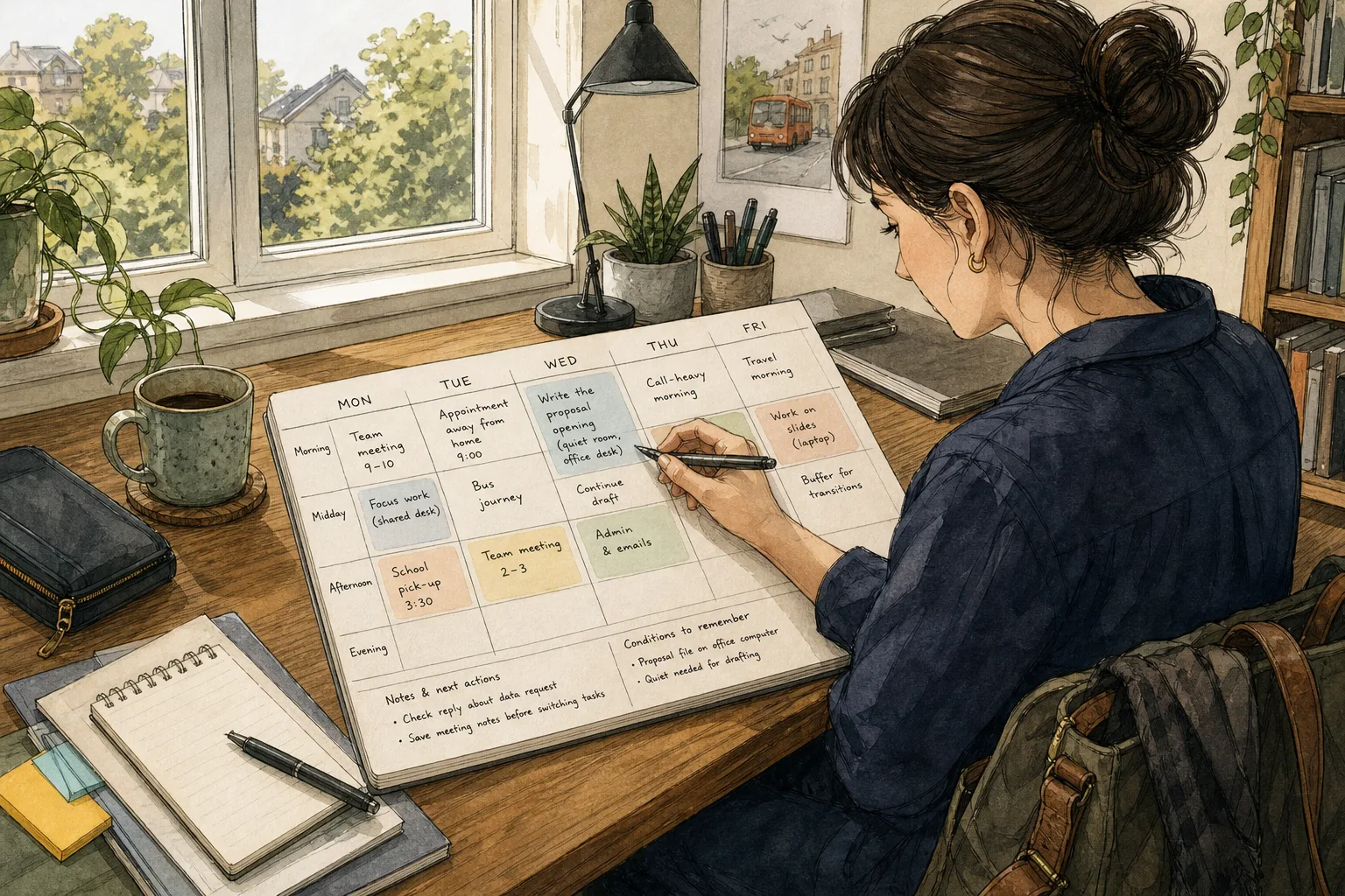 Woman sitting at a wooden desk by a window writing in a large weekly planner with notebooks and a cup of coffee nearby