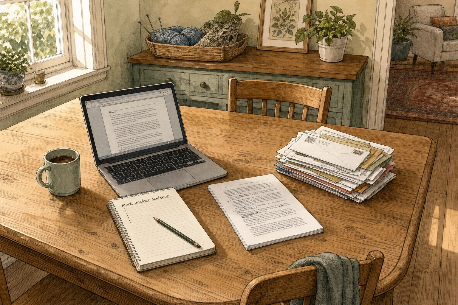 Wooden table with laptop, coffee mug, notebook, pencil, papers, and stack of envelopes in sunlit room