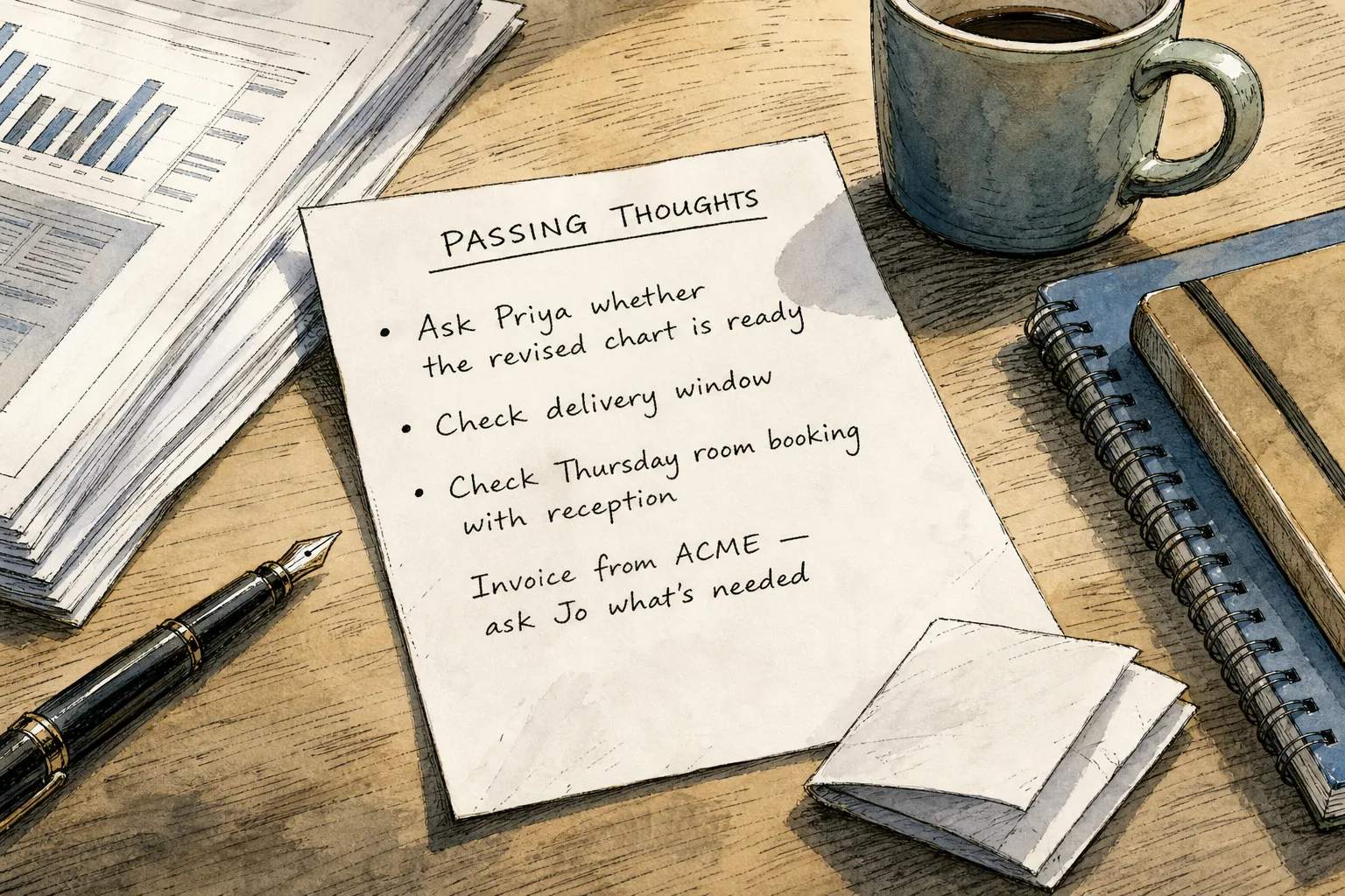 Desk with handwritten note titled Passing Thoughts, fountain pen, notebooks, newspaper, and coffee cup