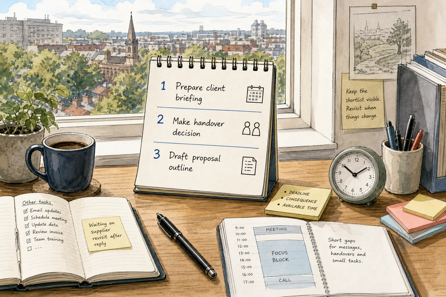 Wooden desk with notebooks, pens, a clock, a plant, coffee mug, and a three-item task list by a bright window