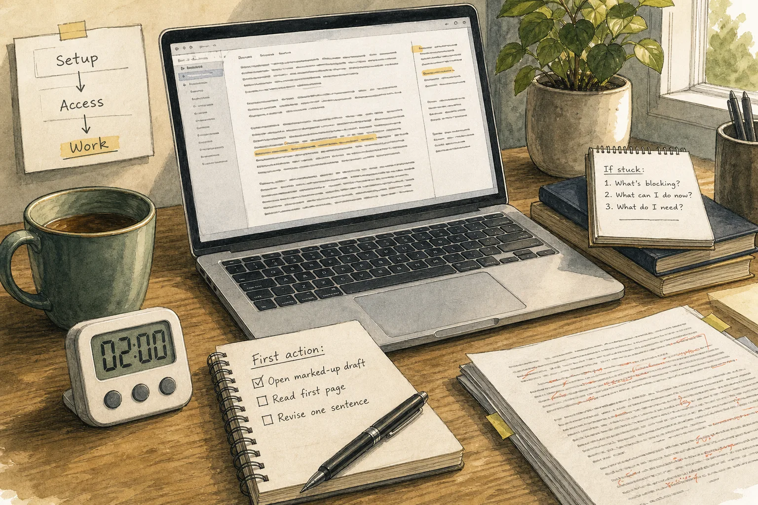 Wooden desk setup with a laptop, coffee mug, timer showing 2 minutes, notebooks with handwritten notes, and a potted plant by a window